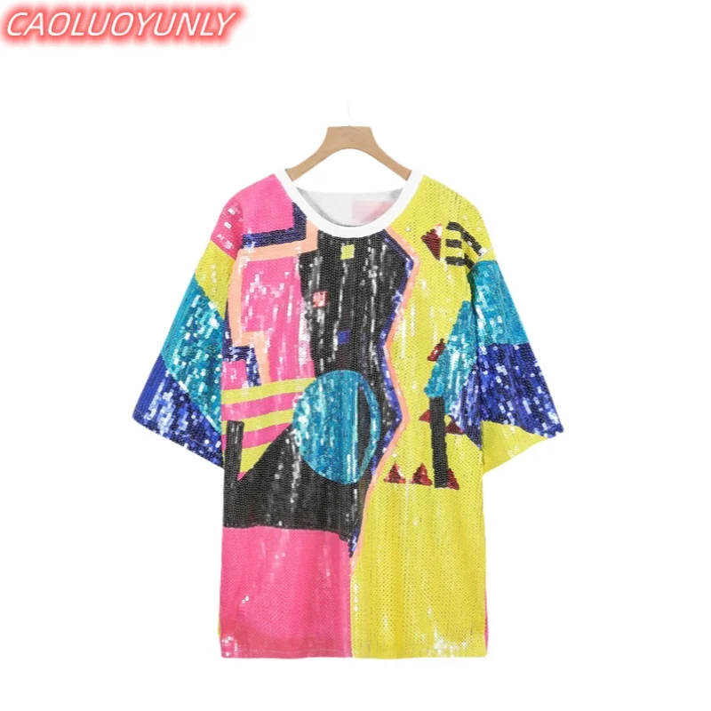 Summer Streetwear Short Sleeve Sequins Geometric Contrasting Color Patchwork T-Shirt Hip Hop Round Neck Straight Women's Wear