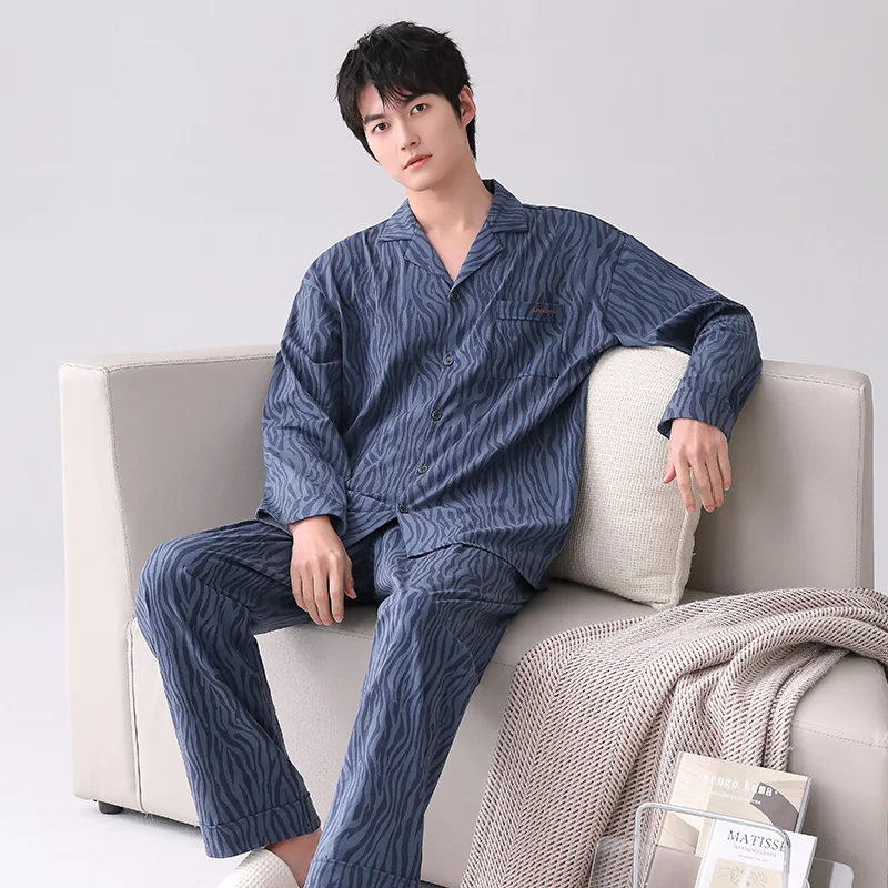 Men Pajamas Sets Cotton Pyjamas Male Button Cardigan Sleepwear Nightwear Long Sleeve Printed Casual Tracksuit Pijama Hombre