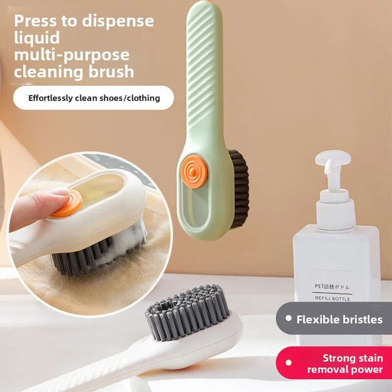 

Multi functional shoe washing brush with liquid addition, press type liquid dispensing soft bristle cleaning tool