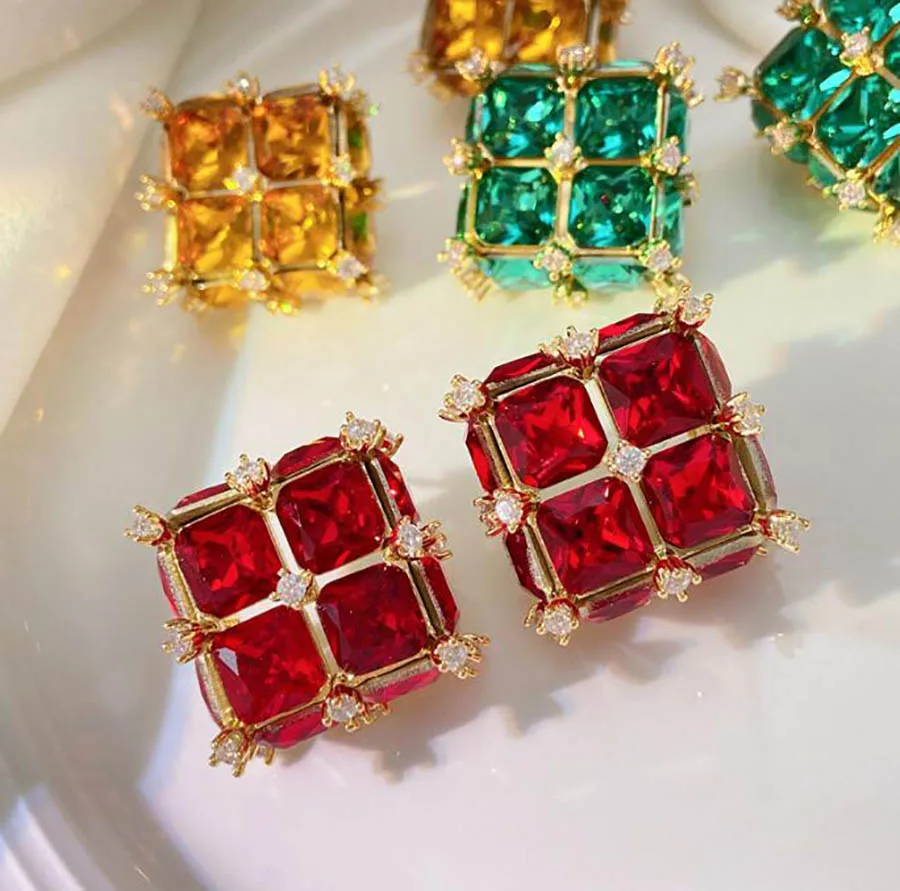 Square green rhinestone earrings translucent crystal retro court elegant women gift-box shape vintage stud earring
