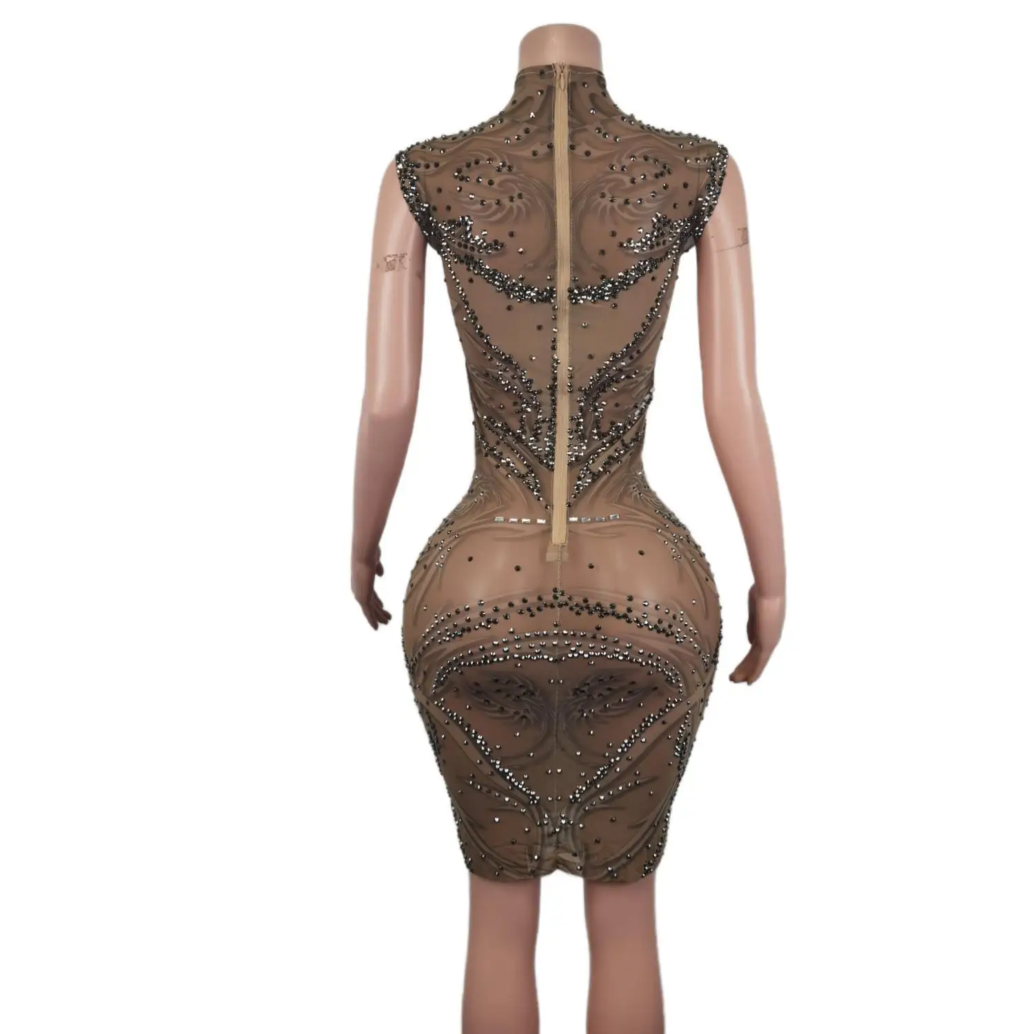 Vestido curto sem mangas com strass brilhantes para mulheres, cantor de celebridades, vestido transparente sexy, traje de festa de aniversário,