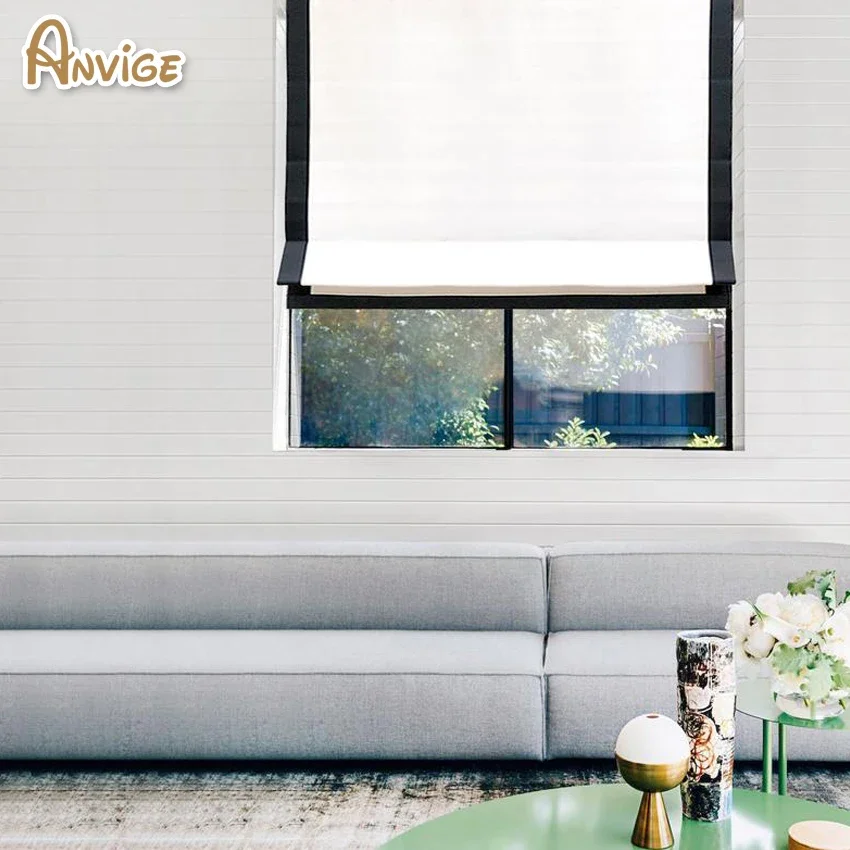 

Anvige modern white fabric with black trim,custom roman shades for kitchen,custom roman shade with border trim