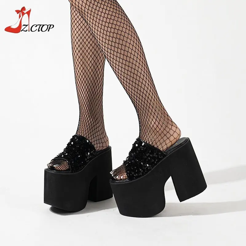 10cm Platform Chunky Heels Sandals Women Bling Open Toe Slip On Thick Bottom Mules Black Punk Shoes Summer Outdoor Slippers