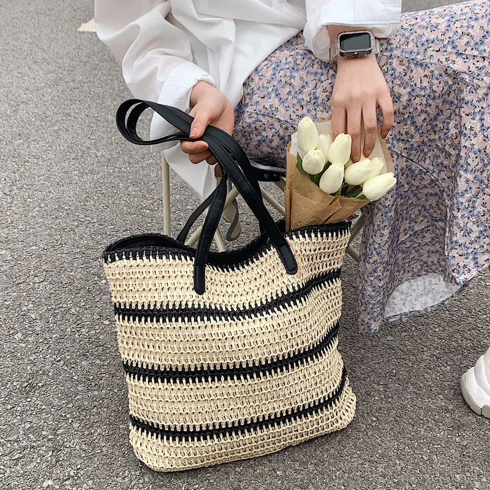 Bolsa de ombro tecido palha listrada para mulheres, praia férias bolsa verão