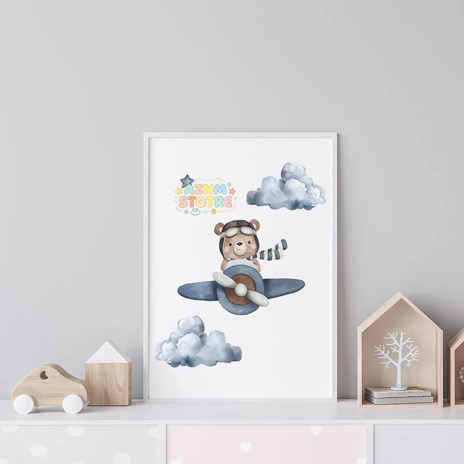 Boho Bear Aircraft Hot Air Balloon Cloud Nursery Posters Wall Art Print Canvas Painting Baby Kids Room Home Decoration Pictur