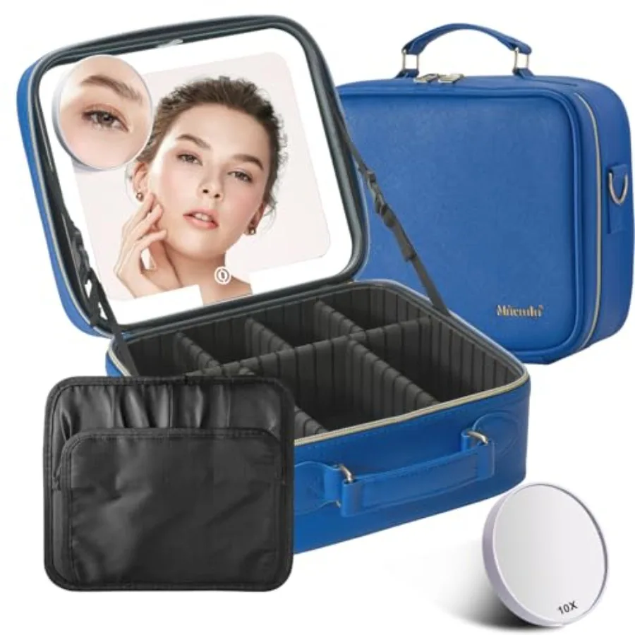 

Mocado Travel Makeup Bag with LED Lighted Mirror Blue Makeup Case with 3 Color Light Settings and 10x Magnifying Mirror Portabl