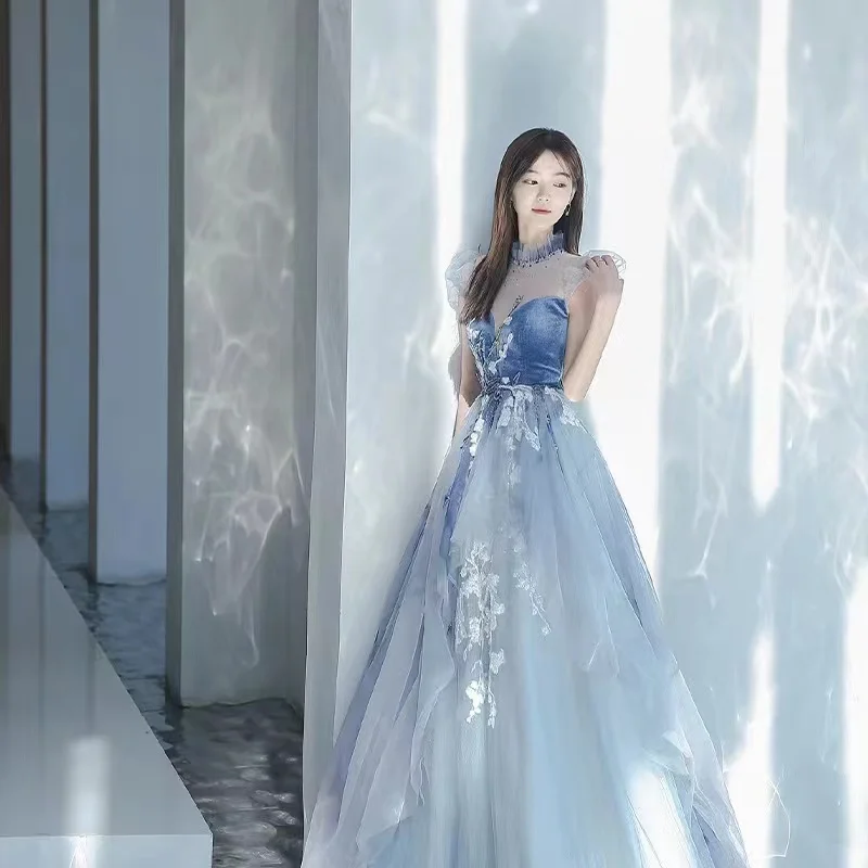 Nouvelles Robes De bal bleu clair a-ligne col haut étoilé brillant Appliques manches bouffantes Robes De soirée De mariage Robes De soirée