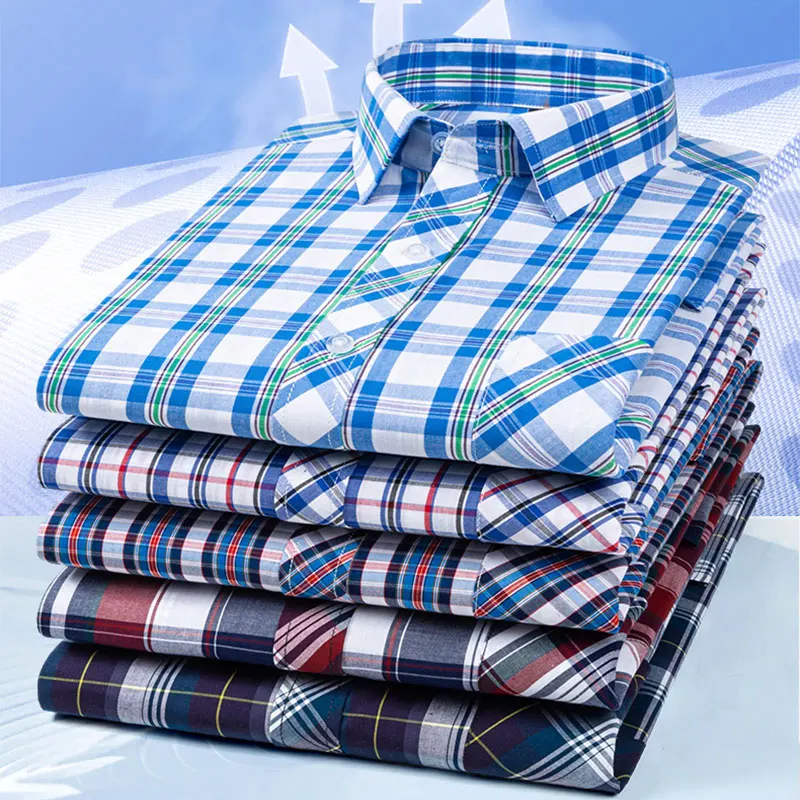 Spring and autumn 100% cotton thin plaid long-sleeved shirt Men\'s business casual social shirt free ironing breathable slim fit