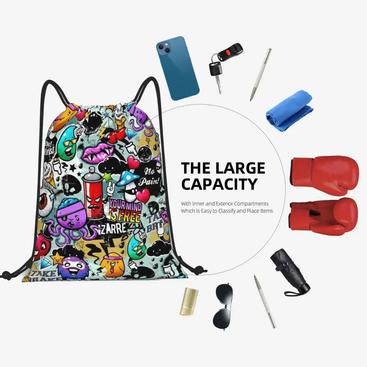 Mochila com cordão graffiti engraçado quadrinhos rostos bolsa de ombro bolso com zíper esportes e viagens caminhadas saco portátil