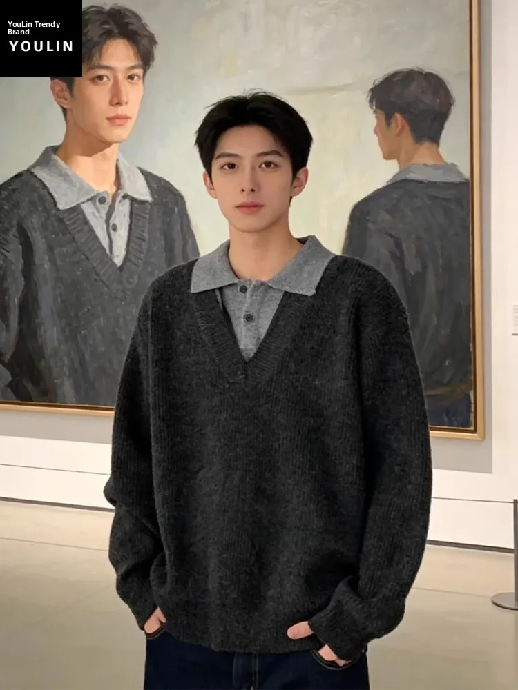 

Мужской трикотажный джемпер свободного кроя с эффектом двухслойности, осенне-зимний, с воротником, базовый слой, повседневный, комфортный