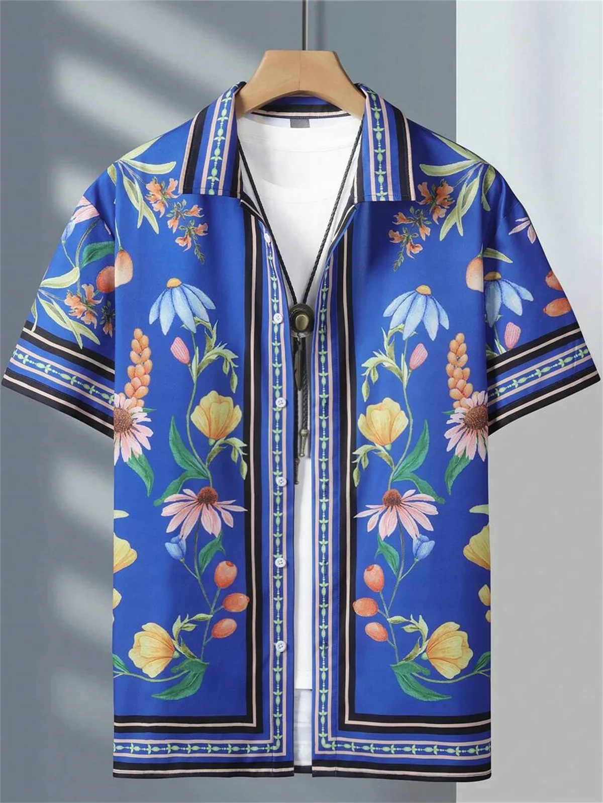 2024 New Men\'s Shirt Flower Print Ethnic Totem Style Lapel Men\'s Short Sleeve Tops Large Size Casual Men\'s Short Sleeve Shirt