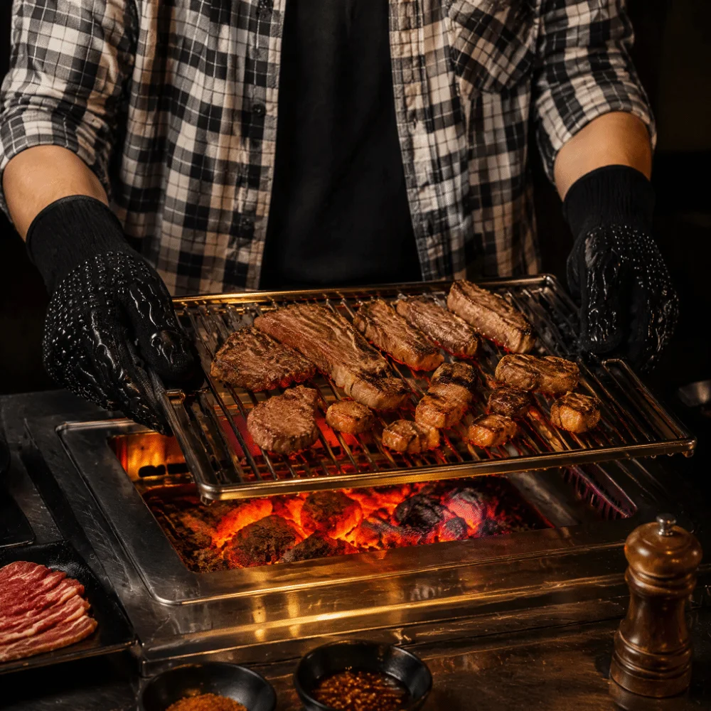 2PCS 800°C /1472°F BBQ Grilling Glove Inner Layer Cotton Outer Flame Retardant Yarn+Silicone Heat Resistant Glove Long Cuff