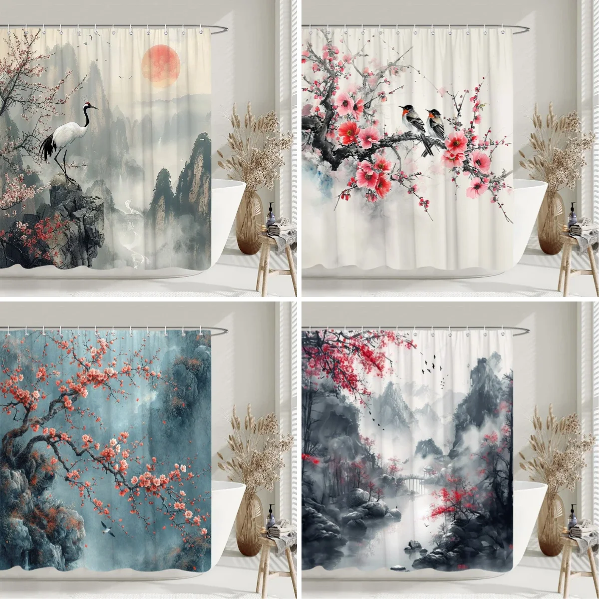 Chinese style Shower Curtain Koi Fish Cherry Blossom Sun Sea Wave Octopus Landscape Polyester Fabric Curtains Bathroom Decor