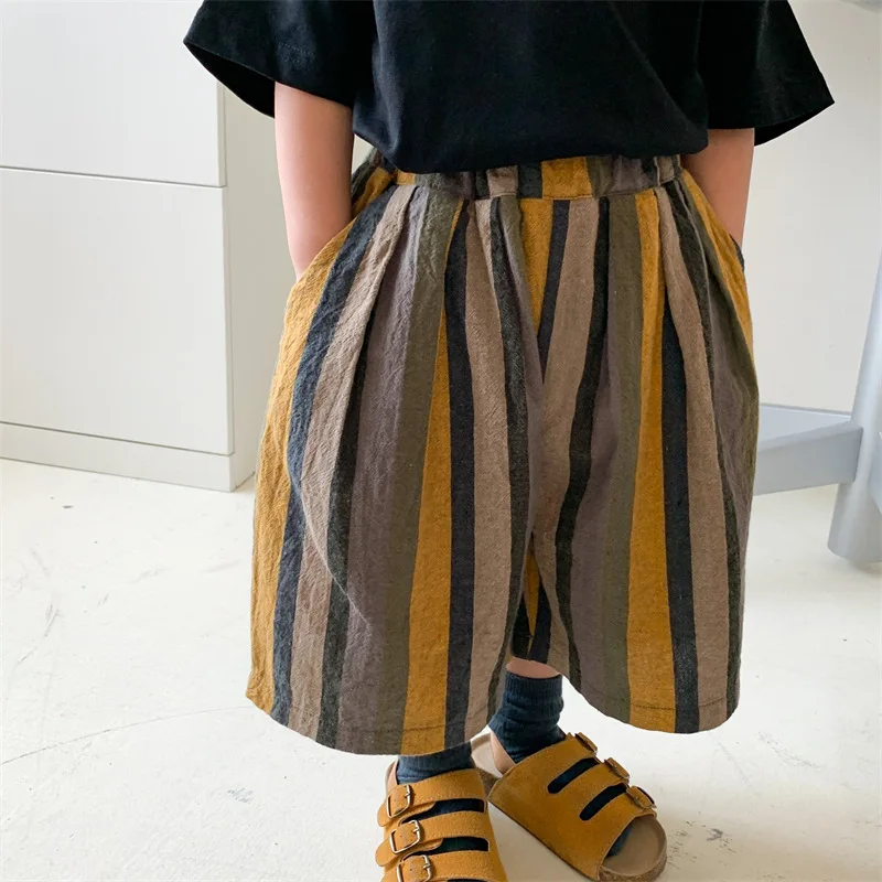 

Summer Boys and Girls colorful striped wide leg pants cotton linen loose thin calf-length trousers