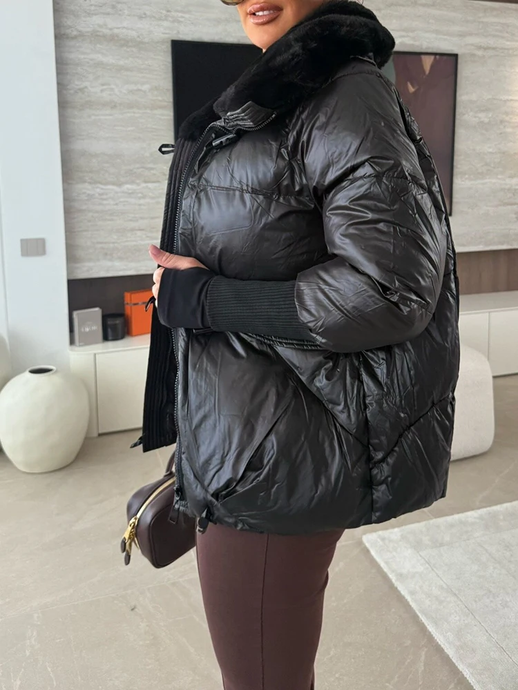 

Fashion Fur Lapel Long Sleeve Cotton Coat Autumn Winter New PU Bright Commute Warm Jacket Temperament Slim Thickness Outerwear