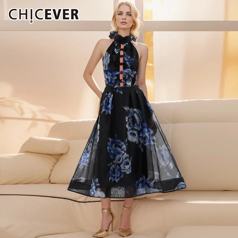 

CHICEVER Vintage Print Dresses For Women Halter Sleeveless Backless High Waist Patchwork Bow Colorblock Summer Midi Dress Female