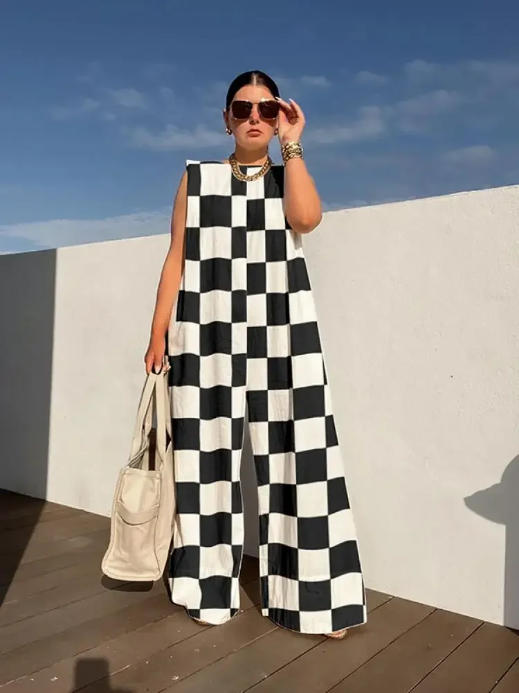 Modigirl Checkerboard Women 2024 Summer Streetwear Jumpsuit Round Neck Sleeveless Wide Leg Loose Fit Woman Overalls Romper