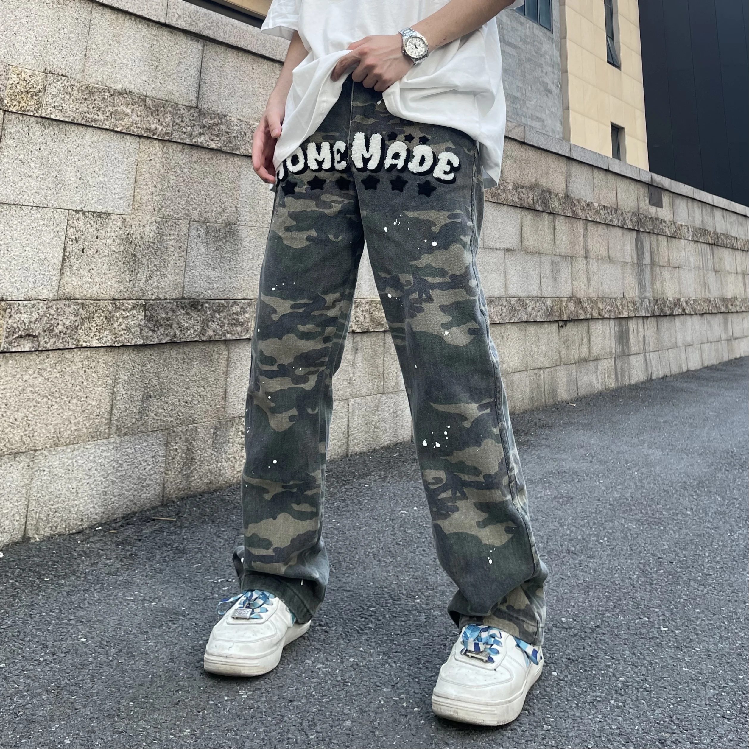 

High Street Camo Jeans Speckled Ink Embroidery Straight Tube Workwear Pants for Men and Women Hip Hop Casual Loose Pants