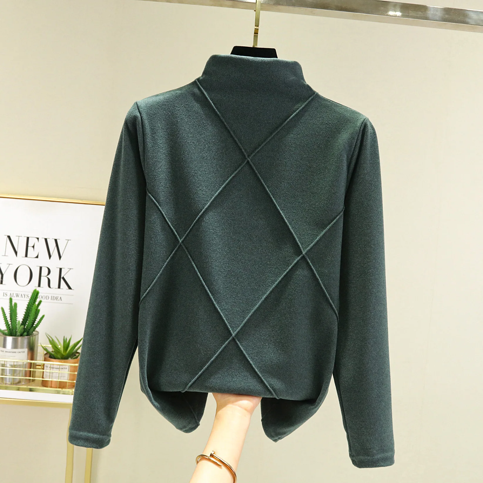 여성용 플리스 안감 하프 하이 칼라 긴팔 기본 셔츠 가을 겨울 보온 양면 플리스 티셔츠 편안한...