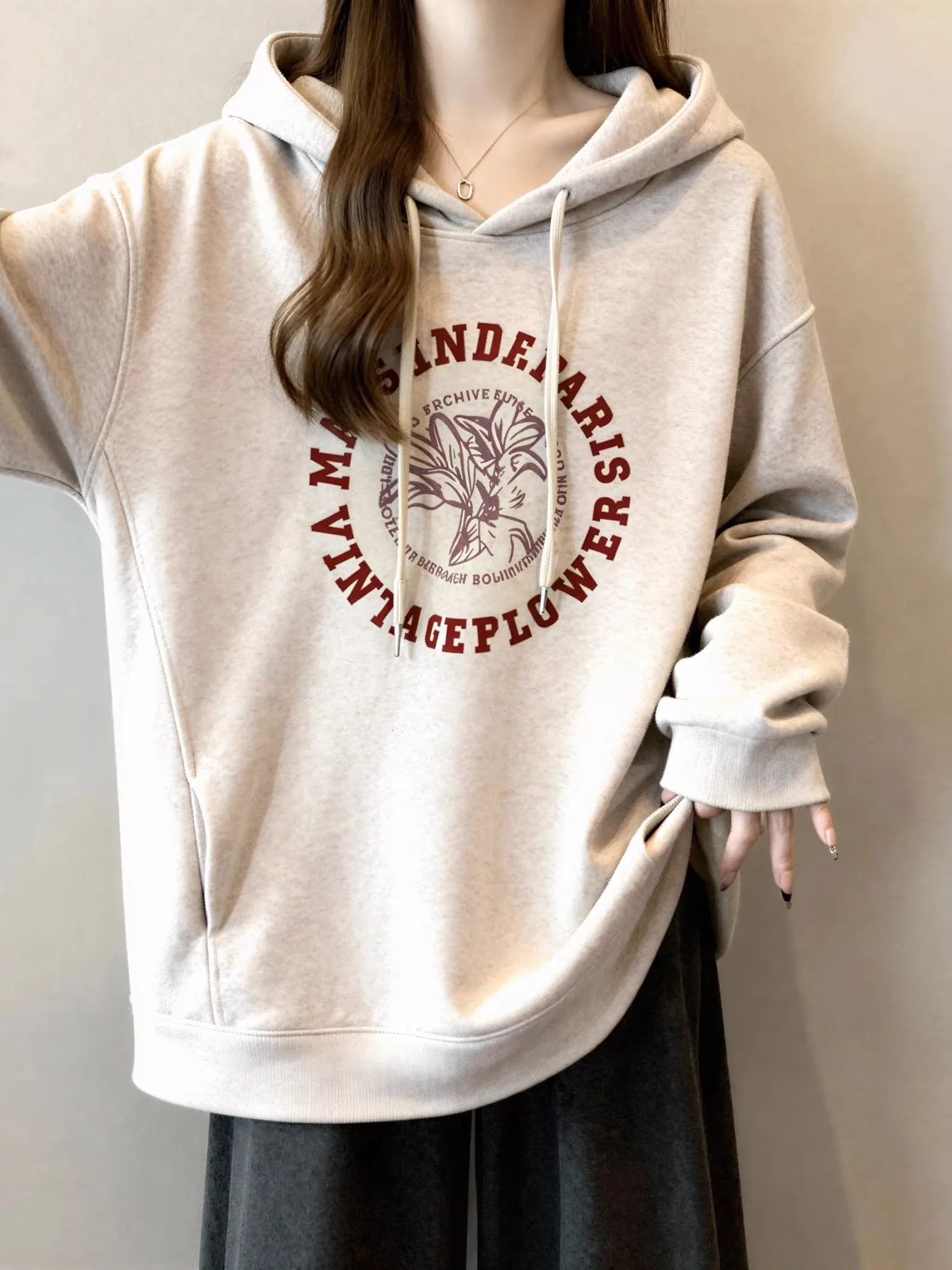 Ladies Thickened Fleece Hoodie Oversized Shoulder Length Sweatshirt Korean Style Commute Wind Early Autumn New plus Size