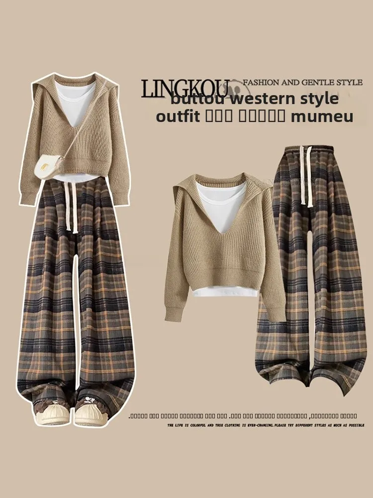 

Loose Knitted Sweater High Waist Plaid Casual Pants Three Piece Set Women's Autumn Lazy Style Ensemble V Neck Long Sleeve