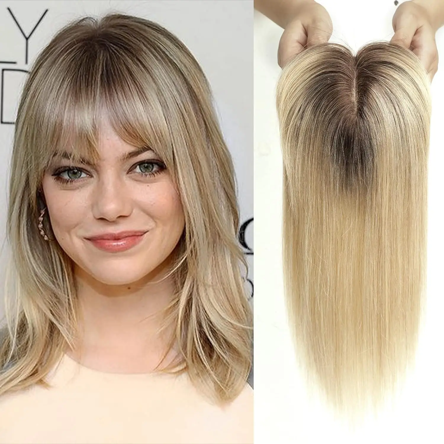 100% Remy Human Hair Toppers for Women Straight Brown Ombre 10inch Human Hair Topper with Bangs Silk Base Clip in Hair Extension image 3