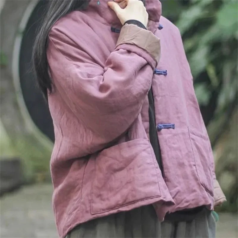 Autumn/Winter 2026 Retro Women's Cotton Hemp Women's Cotton Coat Loose Thick Short Soft And Sticky Stand Up Collar Cotton Coat