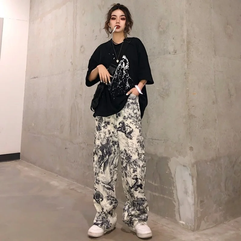 Harajuku Wijde Pijpen Cargo Broek Streetwear Vrouwen Koreaanse Stijl Punk Inkt Graffiti Broek Pantalones Mujer Vintage Tie Dye Hip Hop