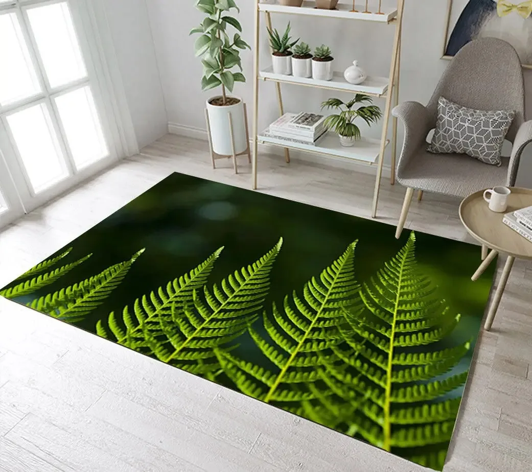 Realistic Tropical Plant Foliage Area Rug Fresh Green Fern Leaf Nature Pattern Non‑Slip Floor Carpet for Living Room Bedroom