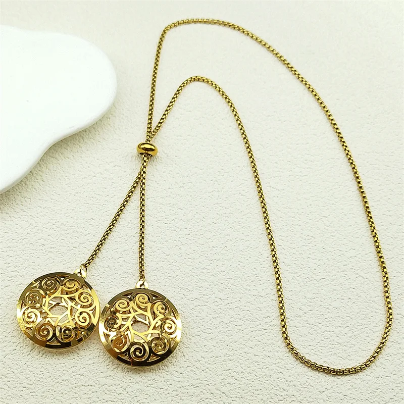 

Flower of Life Sacred Round Pendant Necklace for Women Long Chain Stainless Steel Gold Color Harmony Hollow Amulet Jewelry Gift