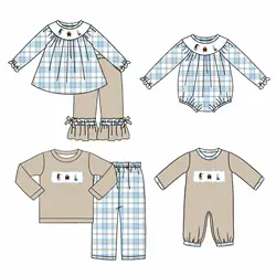 New high-quality children's set long-sleeved elastic cartoon printed trousers lace bow girl boy plaid set baby romper