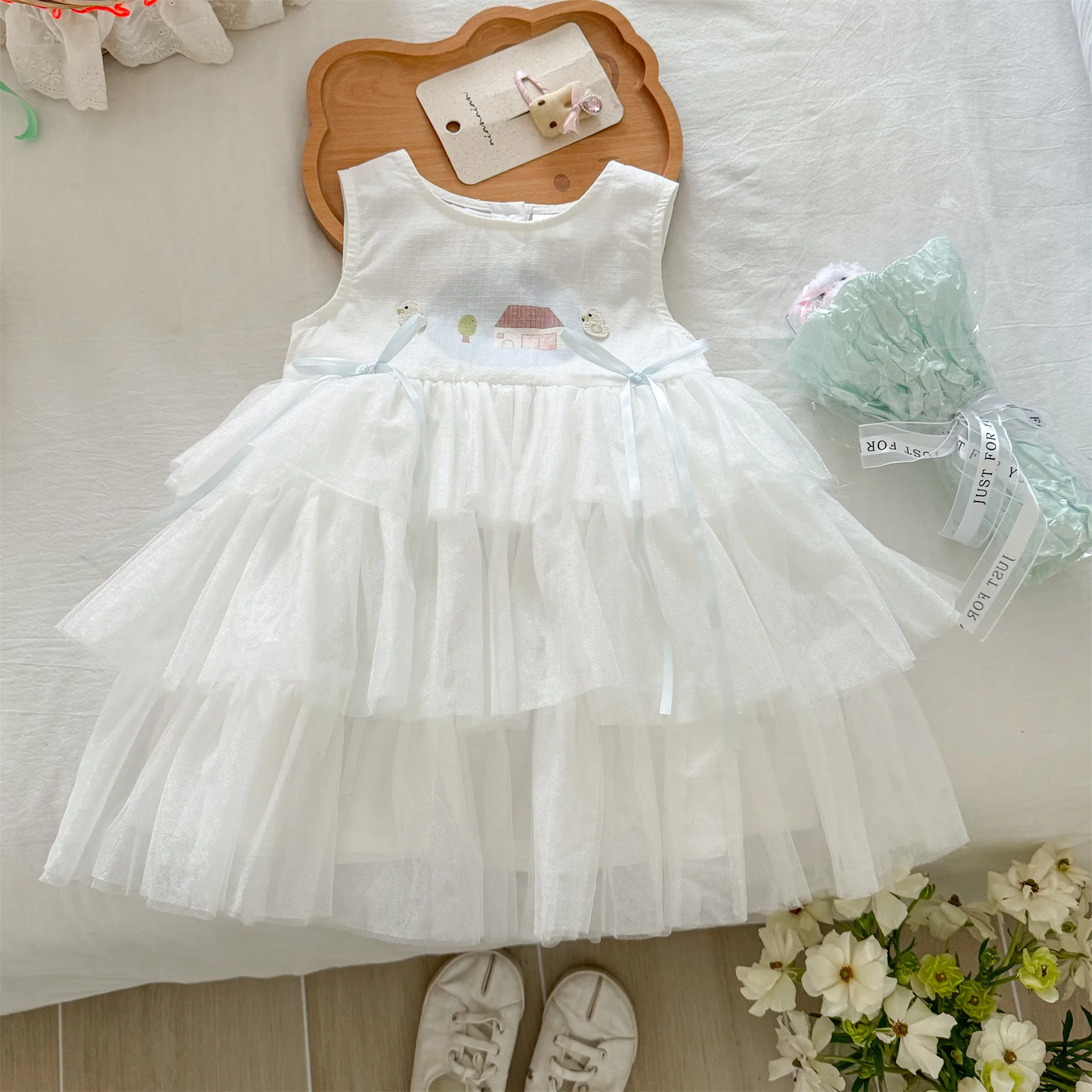 Vestido de verão sem mangas colete vestidos crianças meninas roupas crianças gaze bordado patinho bolo vestidos moda casual diariamente