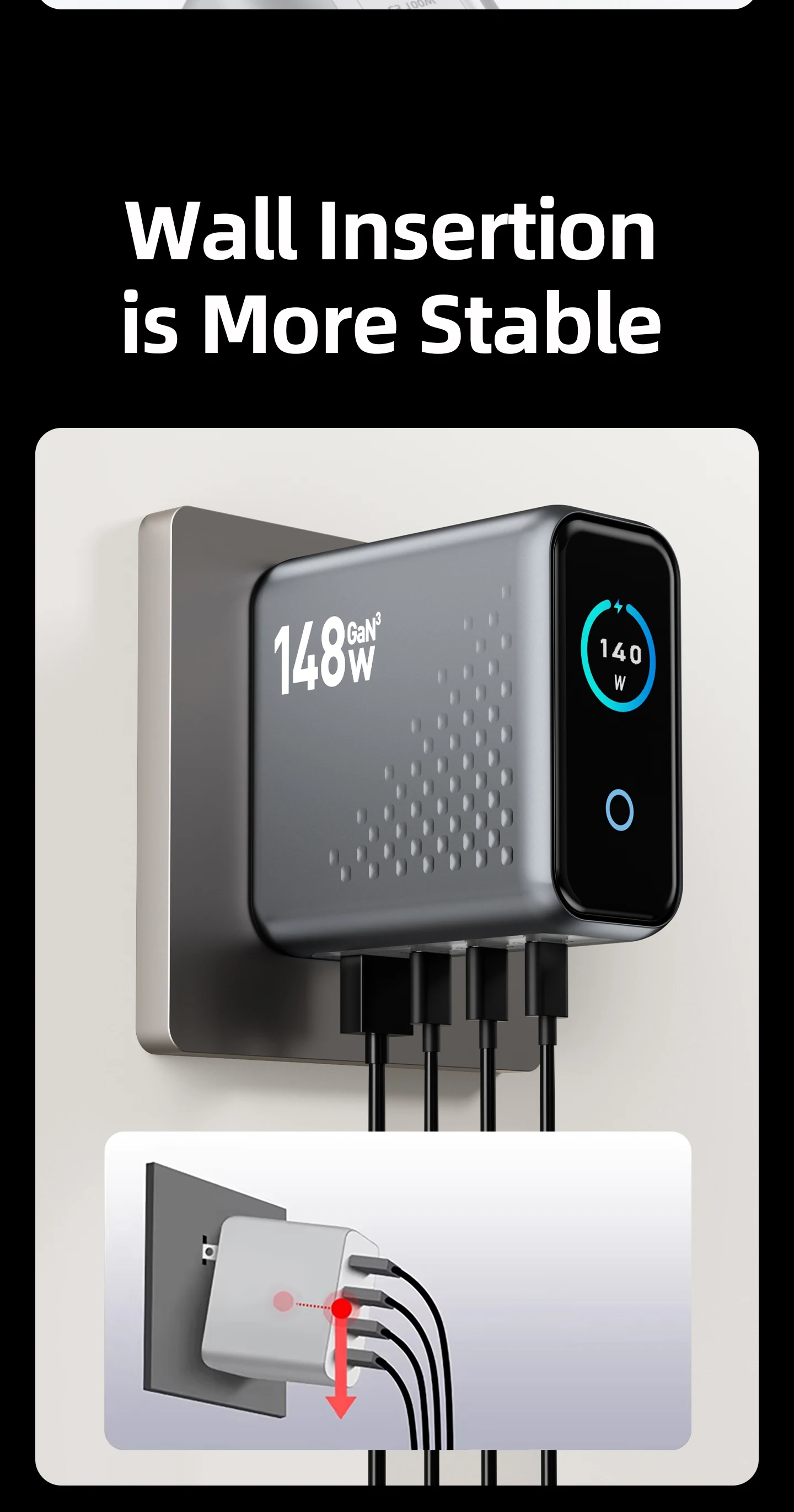 148W GaN Wandmontiertes Multi-Port-Ladegerät mit Display, 4 USB-C und 1 USB-A Schnellladeadapter für Handys und Tablets – Detail 14
