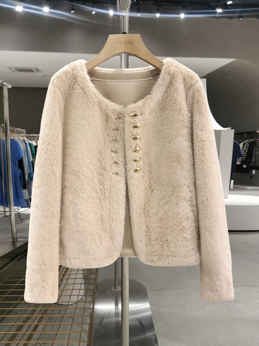 

Мягкая куртка из искусственного меха для женщин, новая коллекция осень-зима 2025, в стиле кэжуал, с интегрированной кожаной и меховой отделкой, короткое пальто