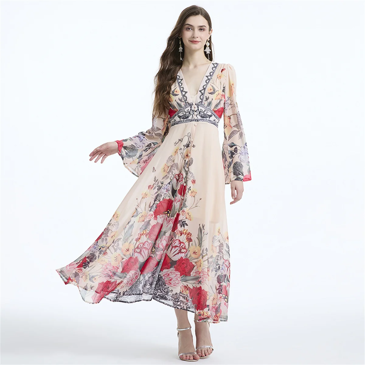 Bohemian Fashion Vintage Print Long Maxi Dress for Women Long Sleeve Single-breasted Chiffon Dress Robes Femme