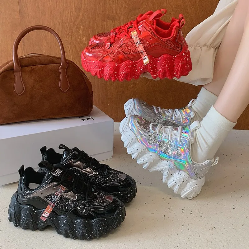 Women Rhinestone Sequins Platform Chunky Sneakers Iridescent Thick Sole Height Increasing Lace Up Casual Footwear For Ladies
