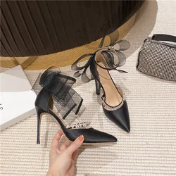 Summer New Bao Head Sequin Bow Heels Women's Pointy Shallow Mouth Empty Line with Single Shoes