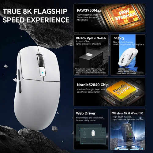 Imagen 2 del producto ATTACK SHARK R6 Ratón inalámbrico para juegos ultraligero 39g 8K, sensor PAW3950MAX, Nordic 52840, 42000 DPI, 2,4G/BT/con cable, para PC/MAC