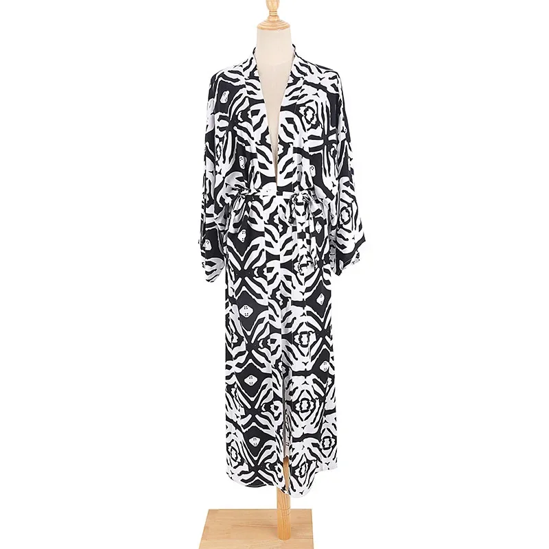 Kimono Largo Women Summer Beach Bohemian Long Dress Cotton Self Belted Loose Geometric Printed  Swimsuit Cover Up