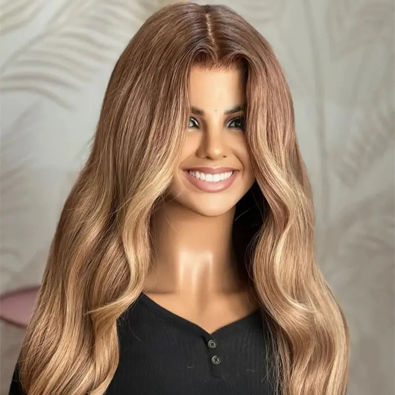 Perruques en fibre de degré de chaleur pour femmes, Ombre, Blonde, Cheveux bruns Body Wave, Perruque avant en dentelle synthétique, Perruque avant transparente, 13x4