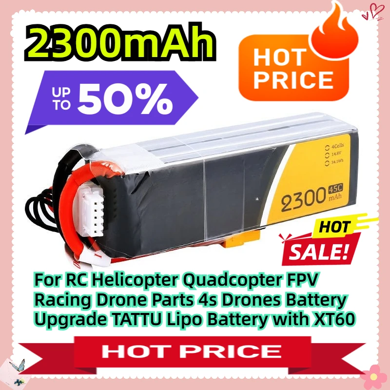 

2300mAh 4S 14.8V 45C For RC Helicopter Quadcopter FPV Racing Drone Parts 4s Drones Battery Upgrade TATTU Lipo Battery with XT60