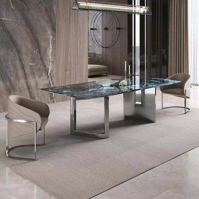 Blue Black Labradorite Marble Dining Table Silver Angled Dual Plate Metal Base Custom Rectangular Table Home Furniture 6 Seater