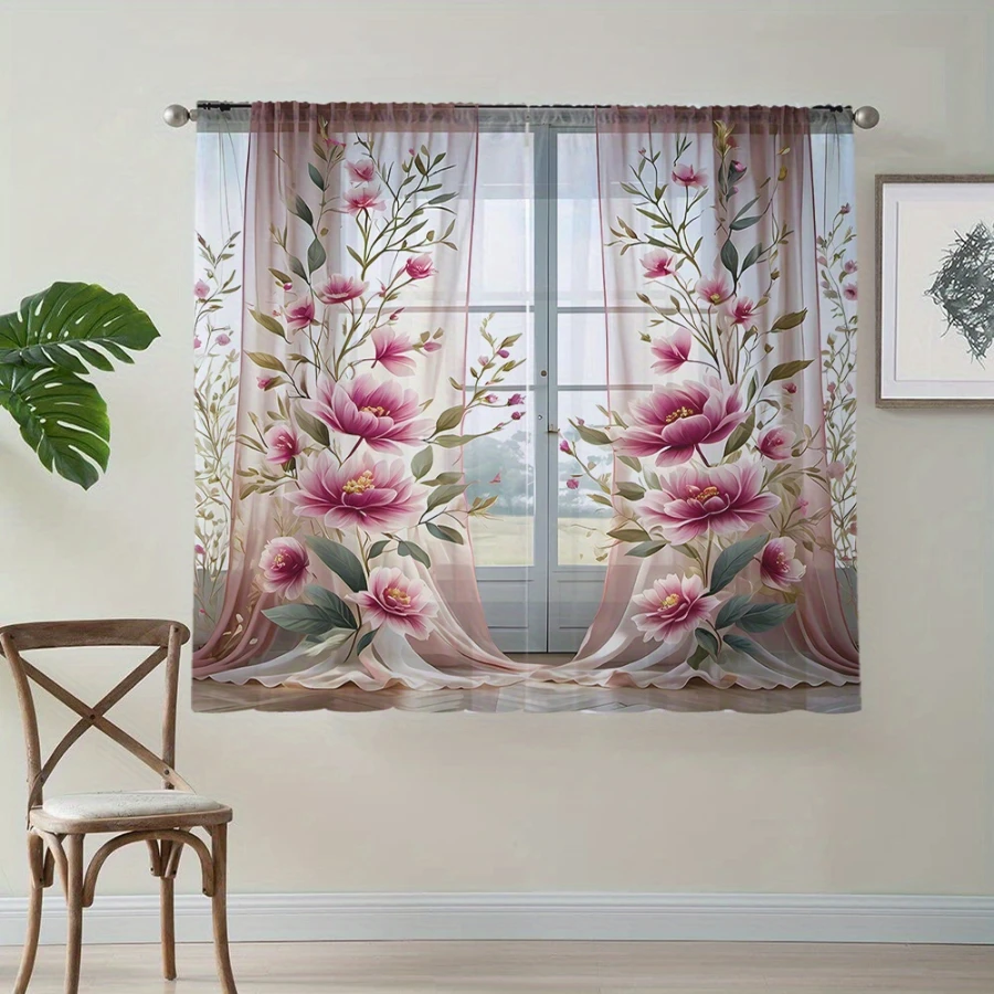 2PCS Digital Printed Sheer Curtain, Peony Flower Elegance, Traditional Oriental Floral Art for Living Room Bedroom Home Decor