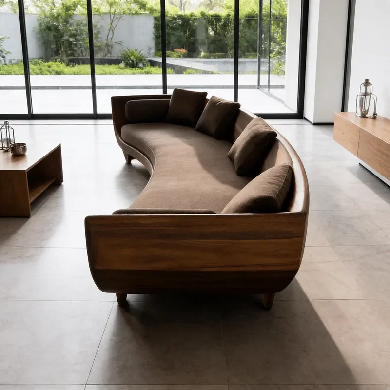 New Chinese Style Curved Sofa Straight Row Wooden Frame Cotton Linen Fabric Living Room Furniture Customizable Old Qianfeng