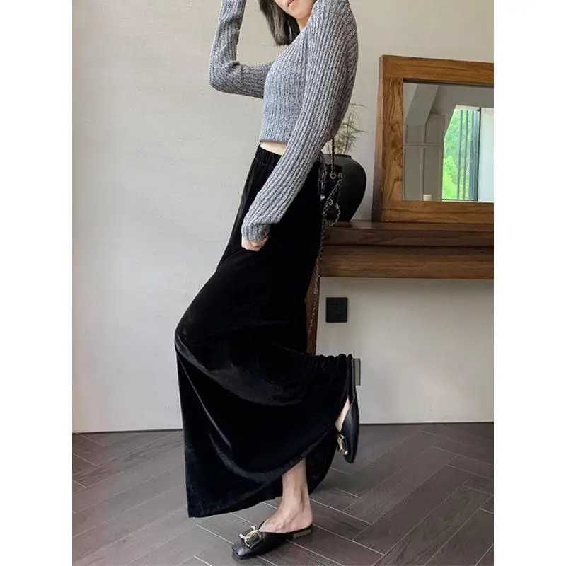 

Элегантная черная бархатная юбка-рыбка с высокой талией, женская, осенне-зимняя, новая модель, юбка-миди, длинная юбка с запахом.