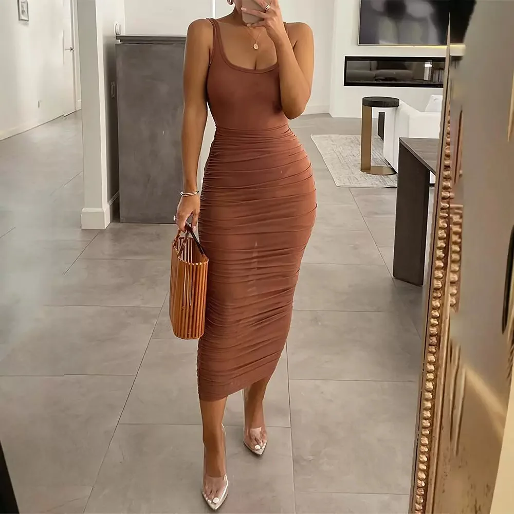 Women's Clothing Summer New Brown Tight Slim Skinny Sleeveless Long Dress O Neck Sexy Dress