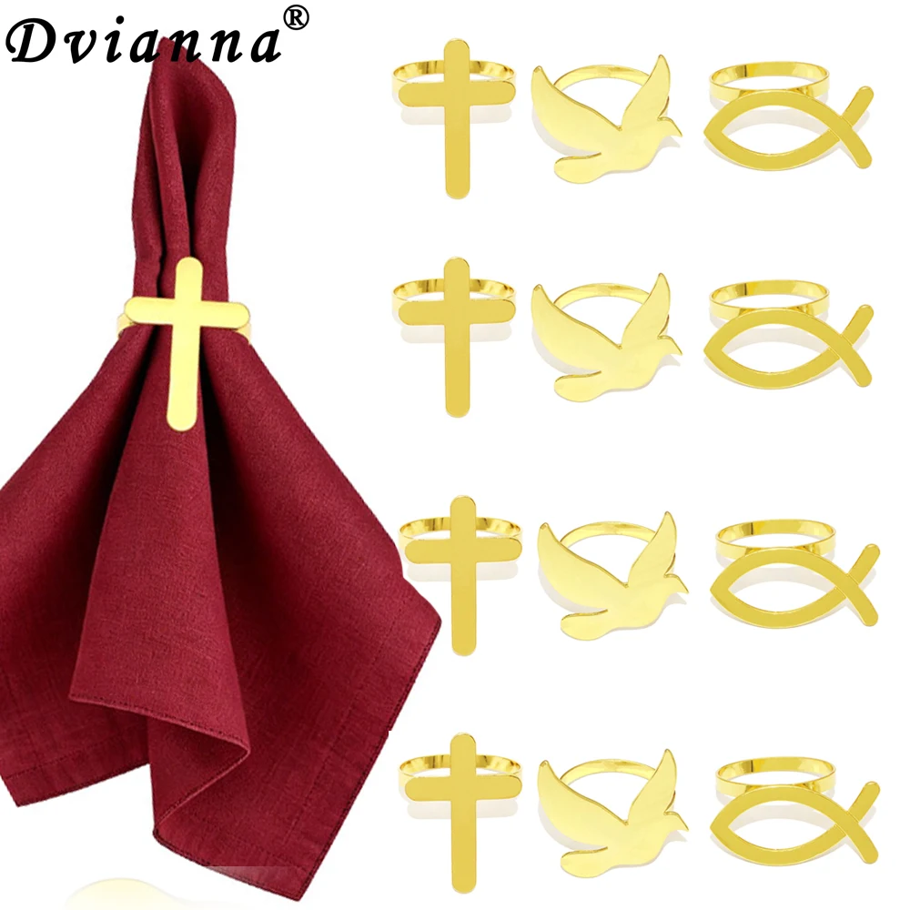Dvianna 12Pcs Religious Napkin Rings Gold Metal Cross Dove Fish Napkin Holder for Church Table Decoration