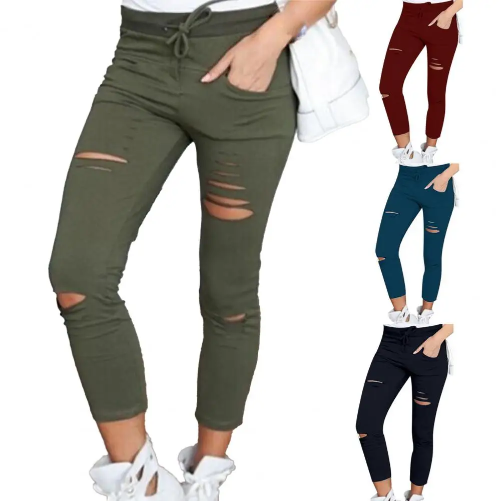 เสื้อผ้าผู้หญิงกางเกงเอวสูงสายกระเป๋าสีพื้นกางเกงรัดรูปเลกกิ้งสกินนี่กางเกงลำลอง