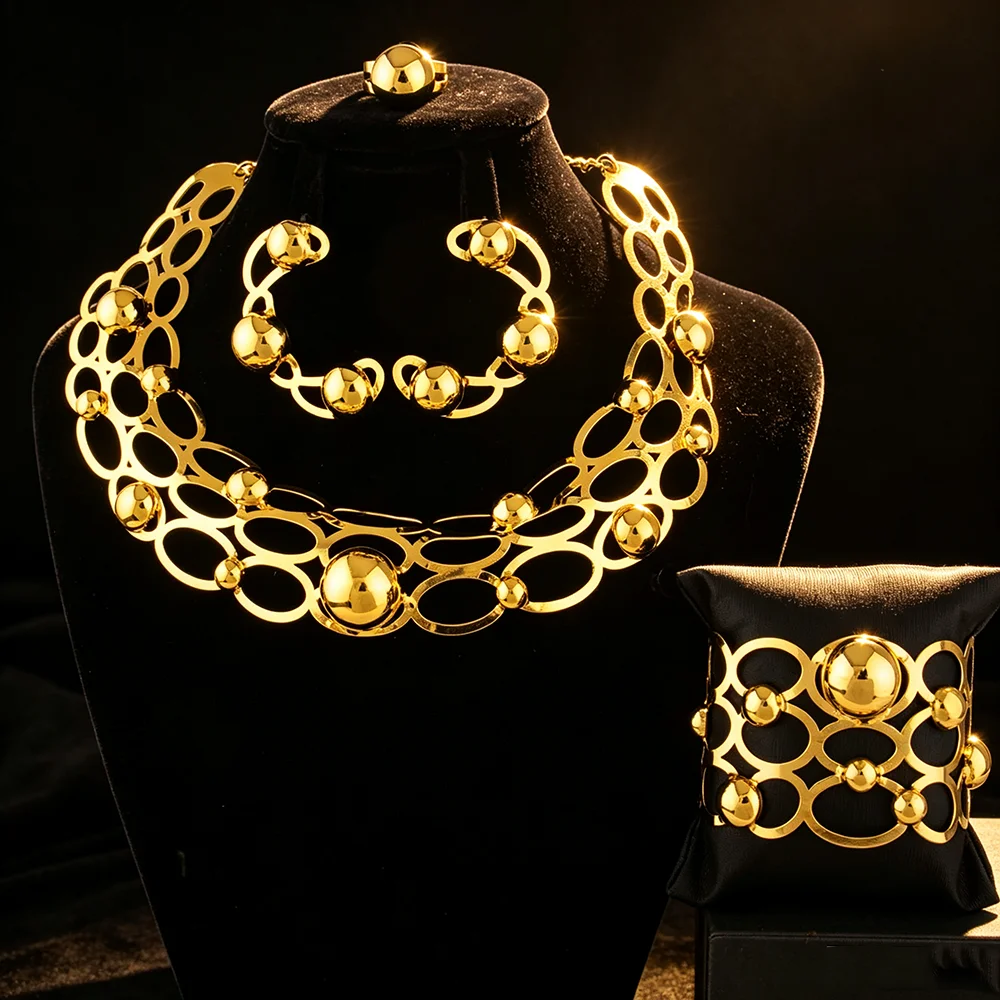 Indisches Farbiges Schmuckset mit Halskette, Ohrringen, Armband und Ring, Elegantes Ausgehöhltes Gold-Perlen Brautschmuck-Set für Hochzeit und Partys