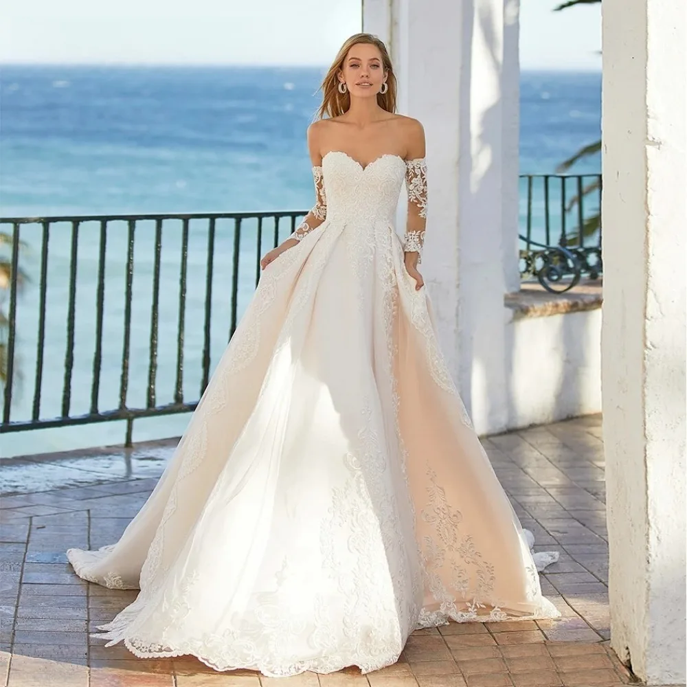 Customized Off Shoulder Long Sleeved Lace Wedding Dress 2026 New White Decal Heart-shaped Neckline Romantic Ruffled Bridal Gown